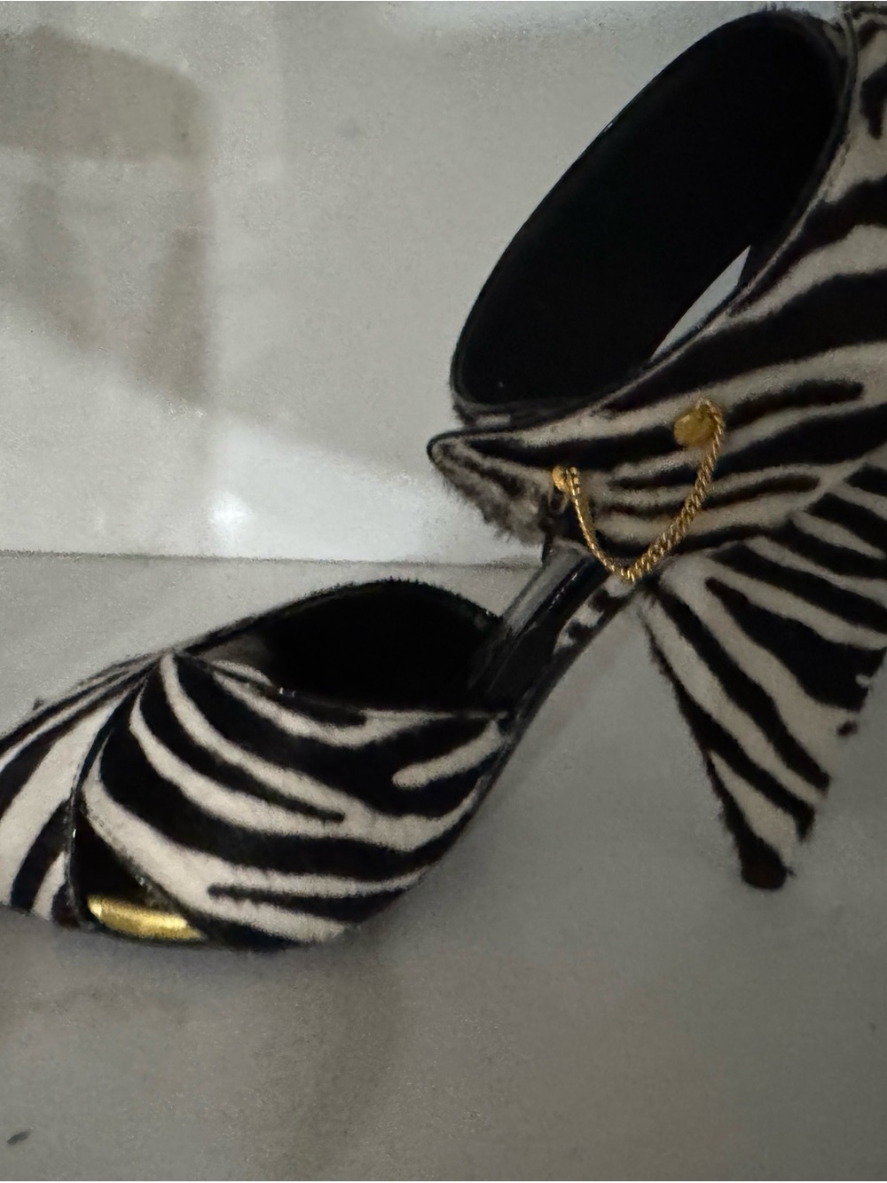 Tom Ford Zebra-Print Open-Toe Ankle-Strap Heels with Gold Accents - Picture 3 of 5